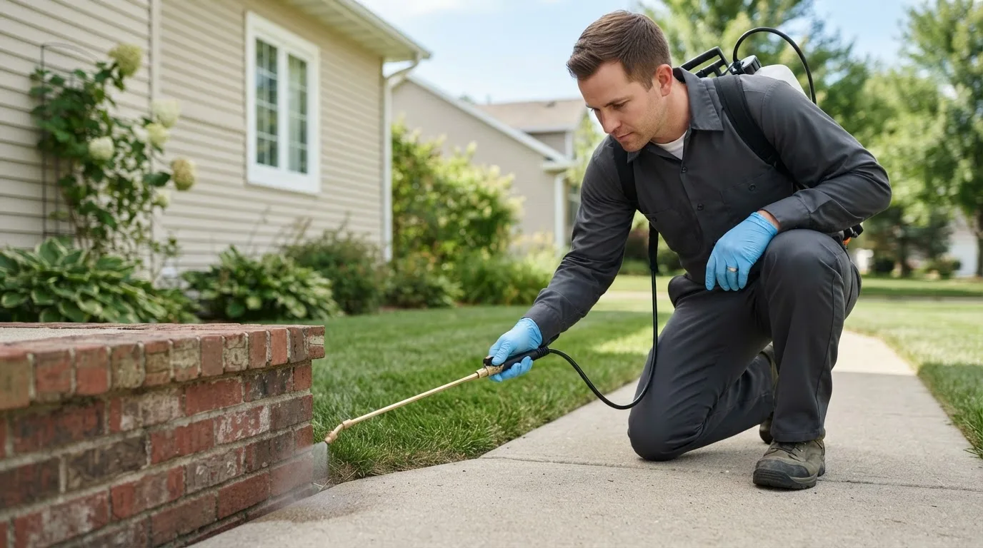 Pest control technician treating a home near Alna, ME