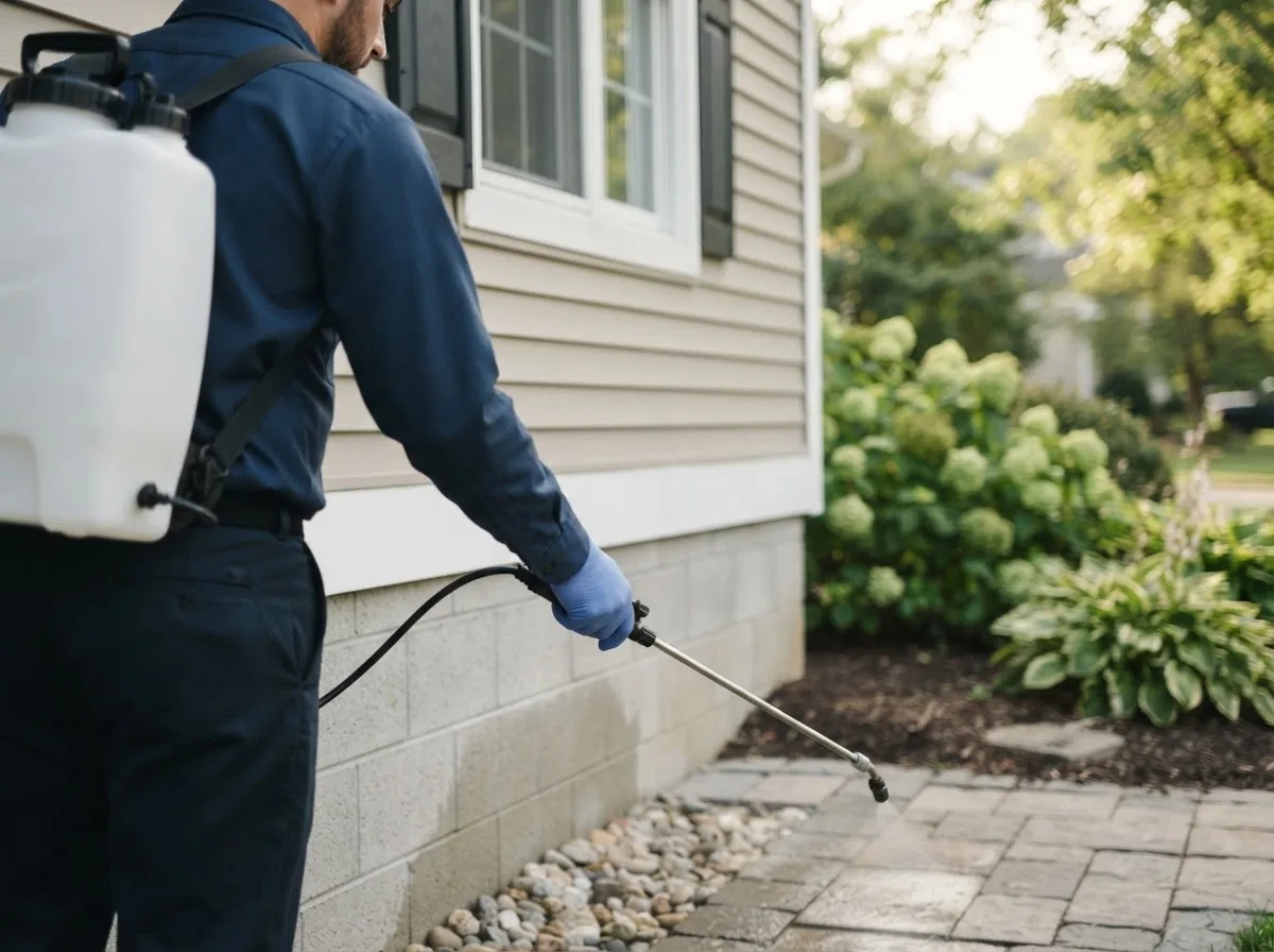 Pest control technician inspecting a home in Alna, ME